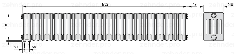 Схема (чертеж) Радиатор Zehnder Charleston 6035/37 №3370 Белый глянцевый RAL 9016